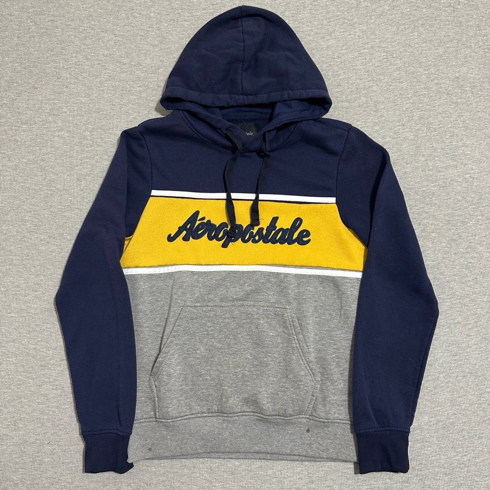 Aeropostale Colorblock Hoodie Navy Blue Yellow Grey Script Logo Mens Size M